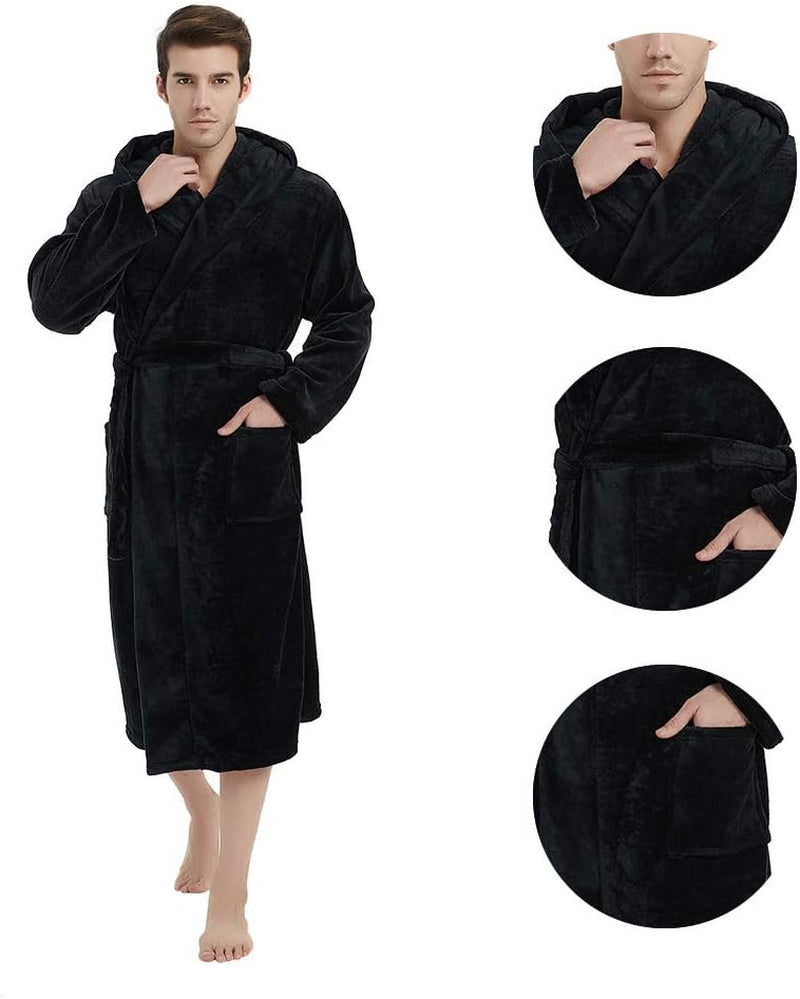 Mens Hooded Robe, Plush Robes for Men Long Fleece Bathrobe