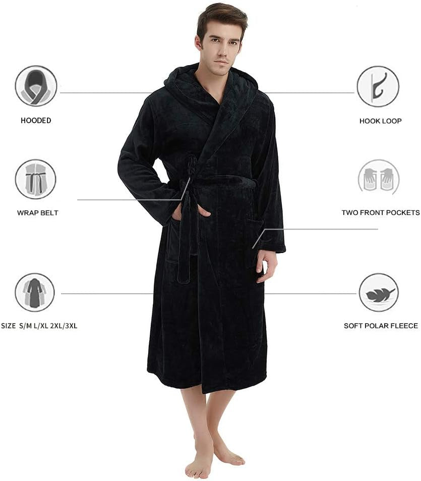 Mens Hooded Robe, Plush Robes for Men Long Fleece Bathrobe